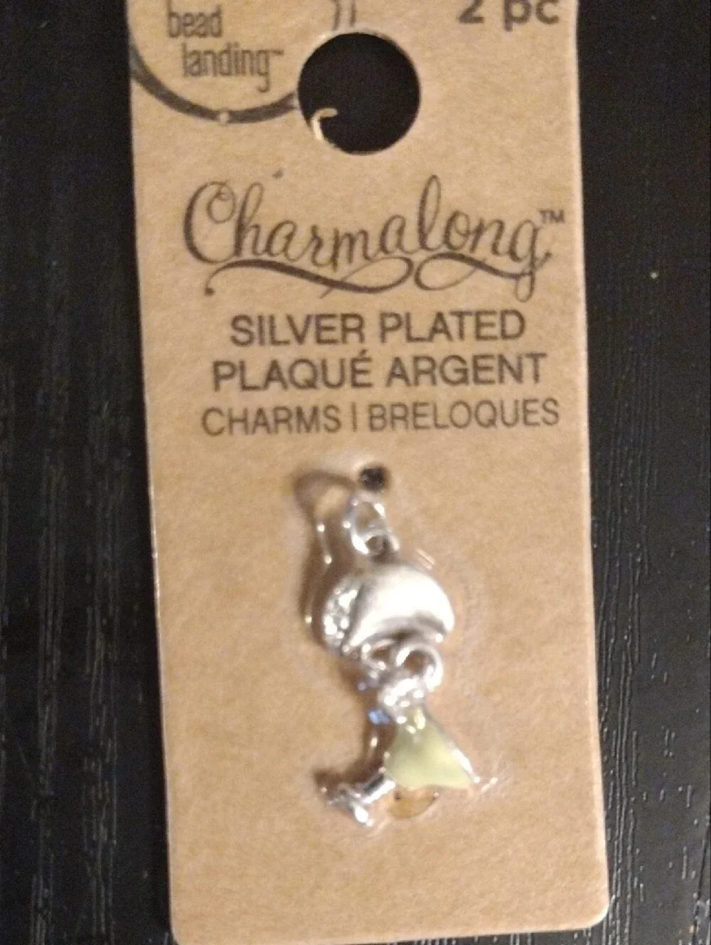 Silver-Plated Wine Glass And Moon Charm with Yellow Accent (2pc)